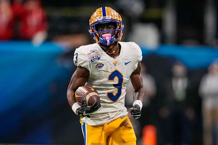 Dec 30, 2021; Atlanta, GA, USA; Pittsburgh Panthers wide receiver Jordan Addison (3) runs after a catch against the Michigan State Spartans at Mercedes-Benz Stadium. Mandatory Credit: Dale Zanine-USA TODAY Sports